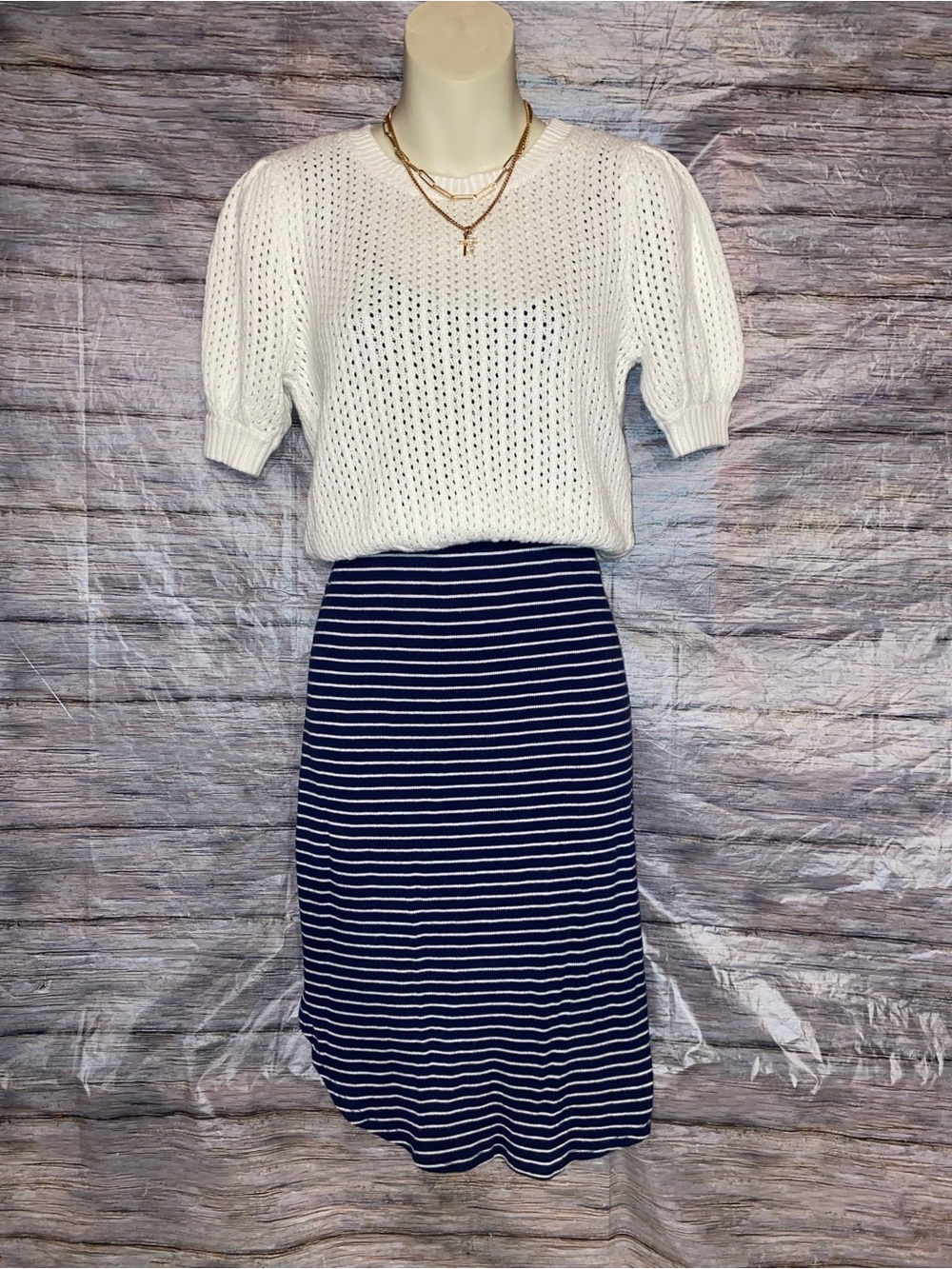 Ambiance Navy & White Striped Casual Dress
